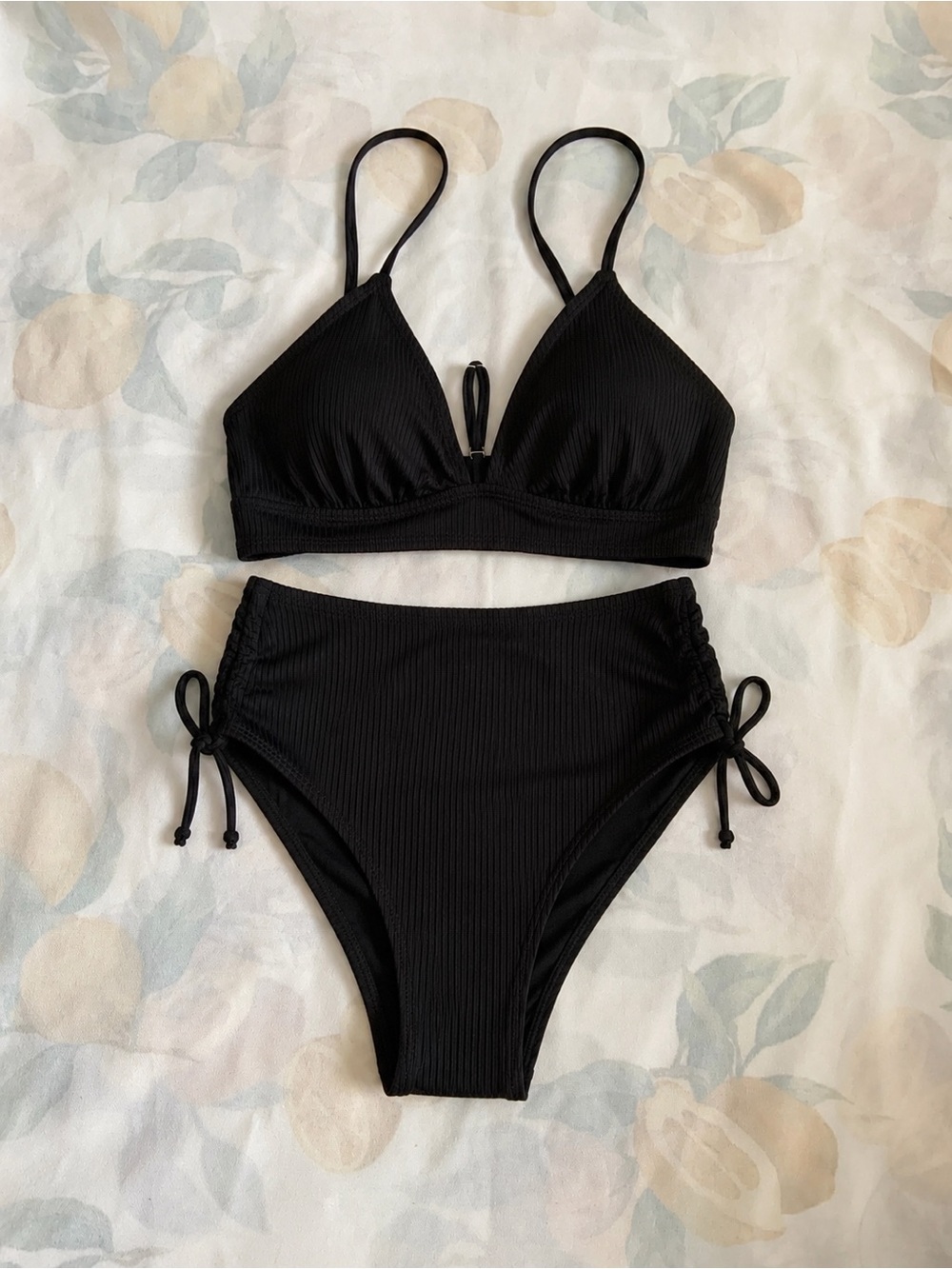 NWOT Black Women's Ribbed High-Waist Bikini Set